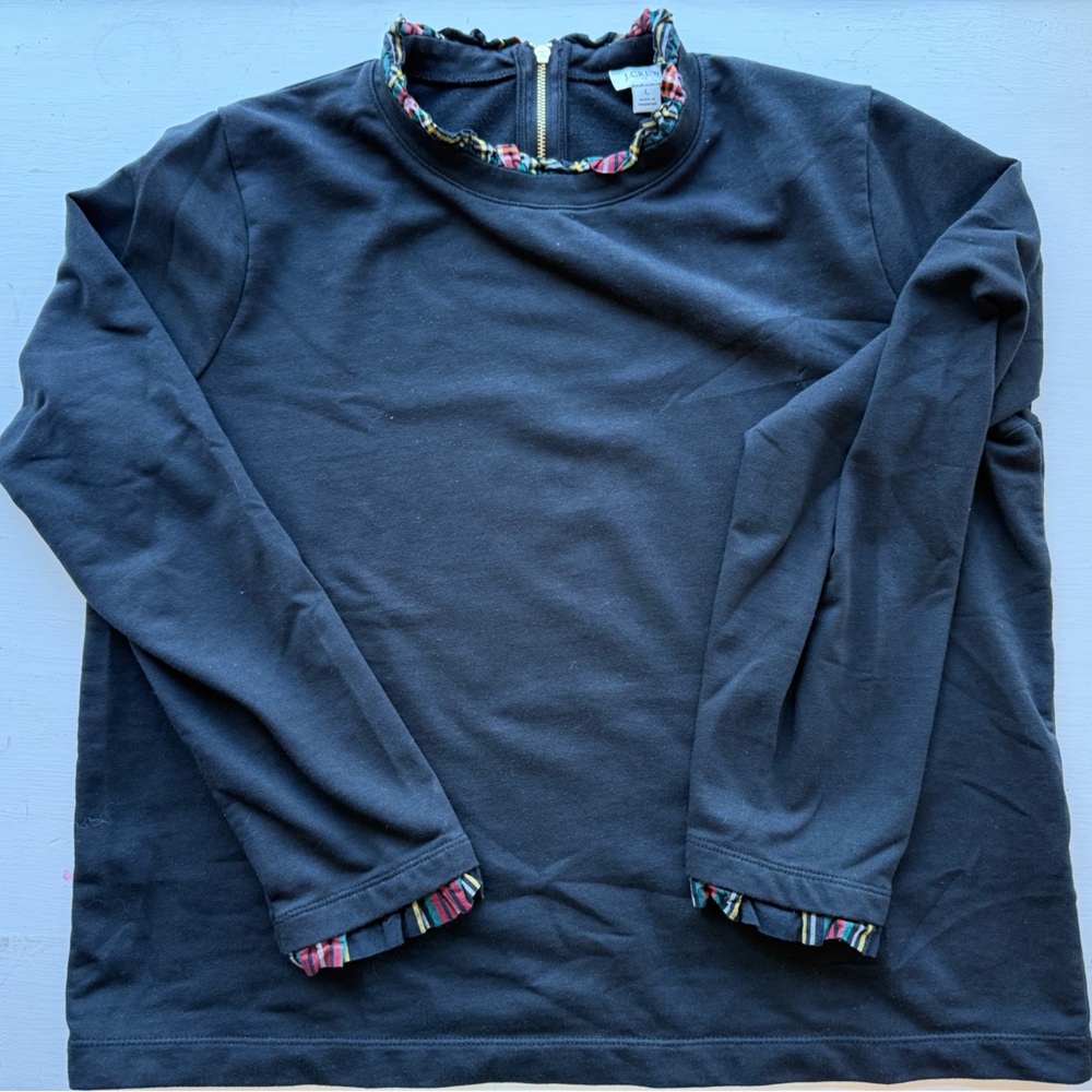 JCrew Factory Black Long Sleeve Top with Patterned Trim & Gold Zipper